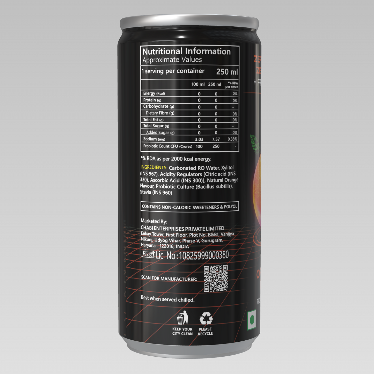 Haki Probiotic Soda, Zero Sugar, Zero Junk, Orange Fizz Cold Drink (250 ml) – Pack of 6 Cans