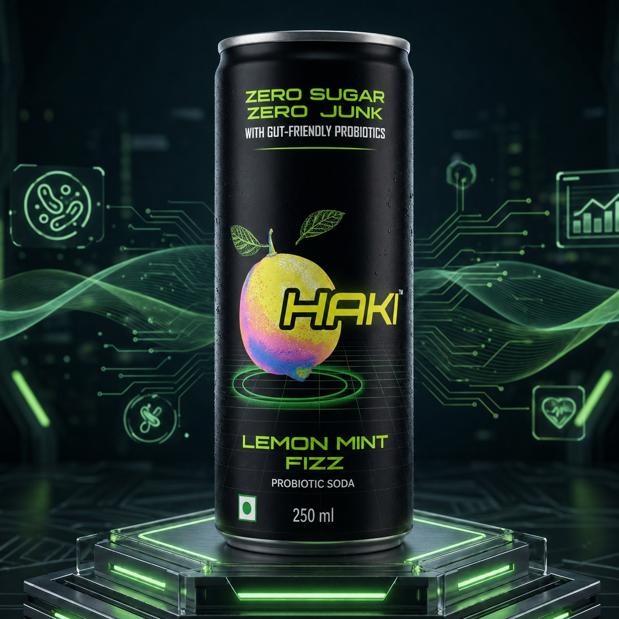 Haki Probiotic Soda, Zero Sugar, Zero Junk, Lemon Mint Fizz Cold Drink (250 ml) – Pack of 6 Cans