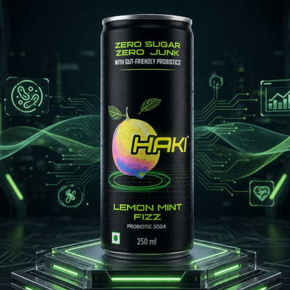 Haki Probiotic Soda, Zero Sugar, Zero Junk, Lemon Mint Fizz Cold Drink (250 ml) – Pack of 6 Cans