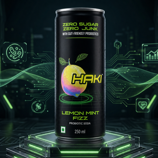Haki Probiotic Soda, Zero Sugar, Zero Junk, Lemon Mint Fizz Cold Drink (250 ml) – Pack of 6 Cans