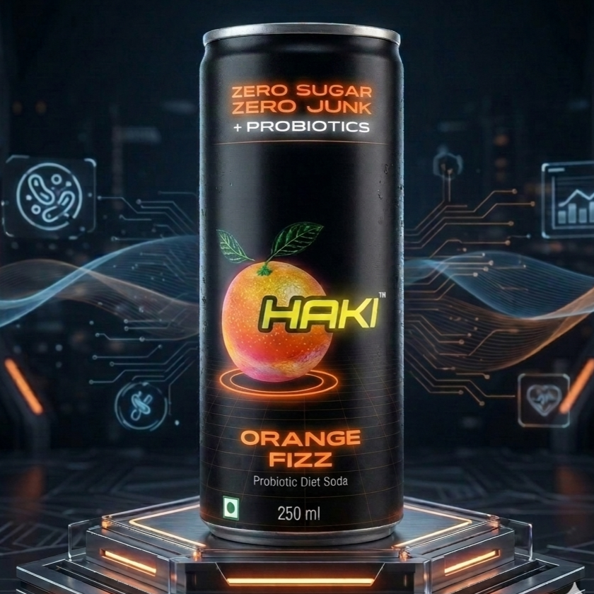 Haki Probiotic Soda, Zero Sugar, Zero Junk, Orange Fizz Cold Drink (250 ml) – Pack of 6 Cans
