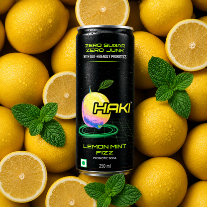 Haki Probiotic Soda, Zero Sugar, Zero Junk, Lemon Mint Fizz Cold Drink (250 ml) – Pack of 6 Cans