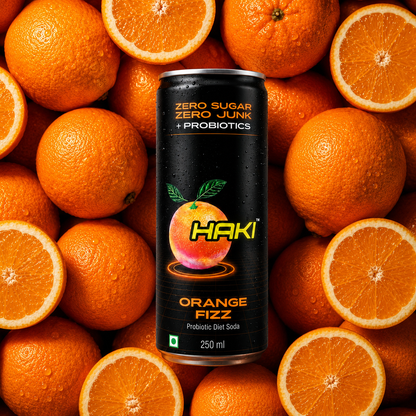 Haki Probiotic Soda, Zero Sugar, Zero Junk, Orange Fizz Cold Drink (250 ml) – Pack of 6 Cans