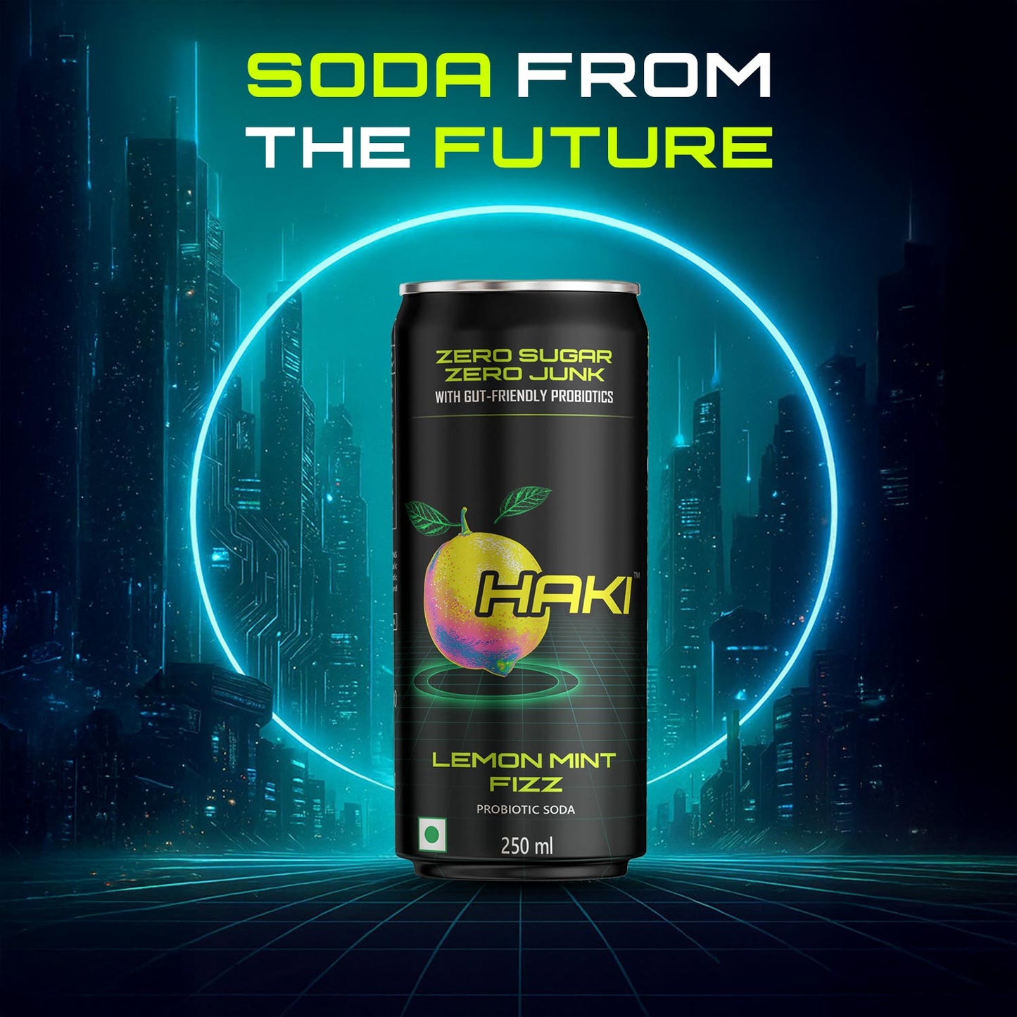 Haki Probiotic Soda, Zero Sugar, Zero Junk, Lemon Mint Fizz Cold Drink (250 ml) – Pack of 6 Cans
