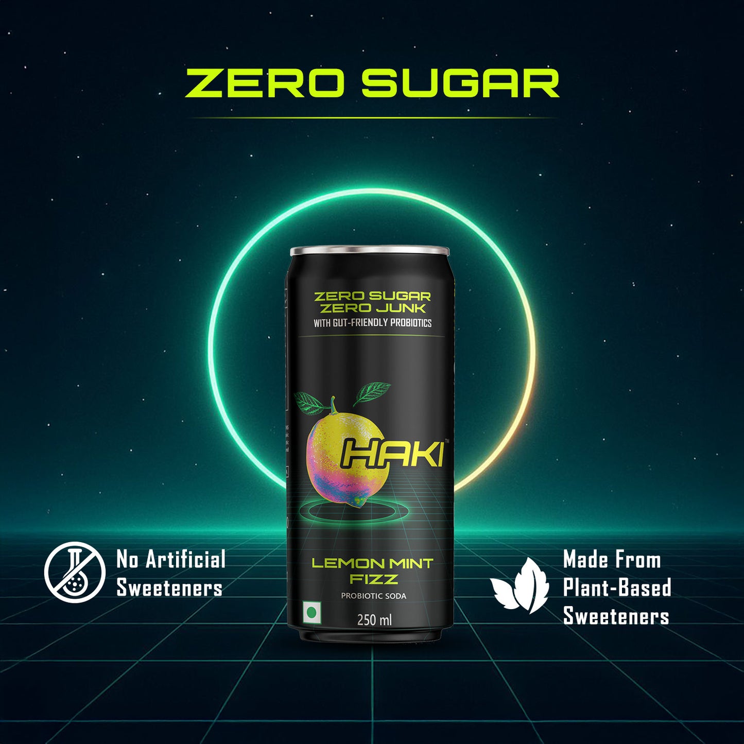 Haki Probiotic Soda, Zero Sugar, Zero Junk, Lemon Mint Fizz Cold Drink (250 ml) – Pack of 6 Cans