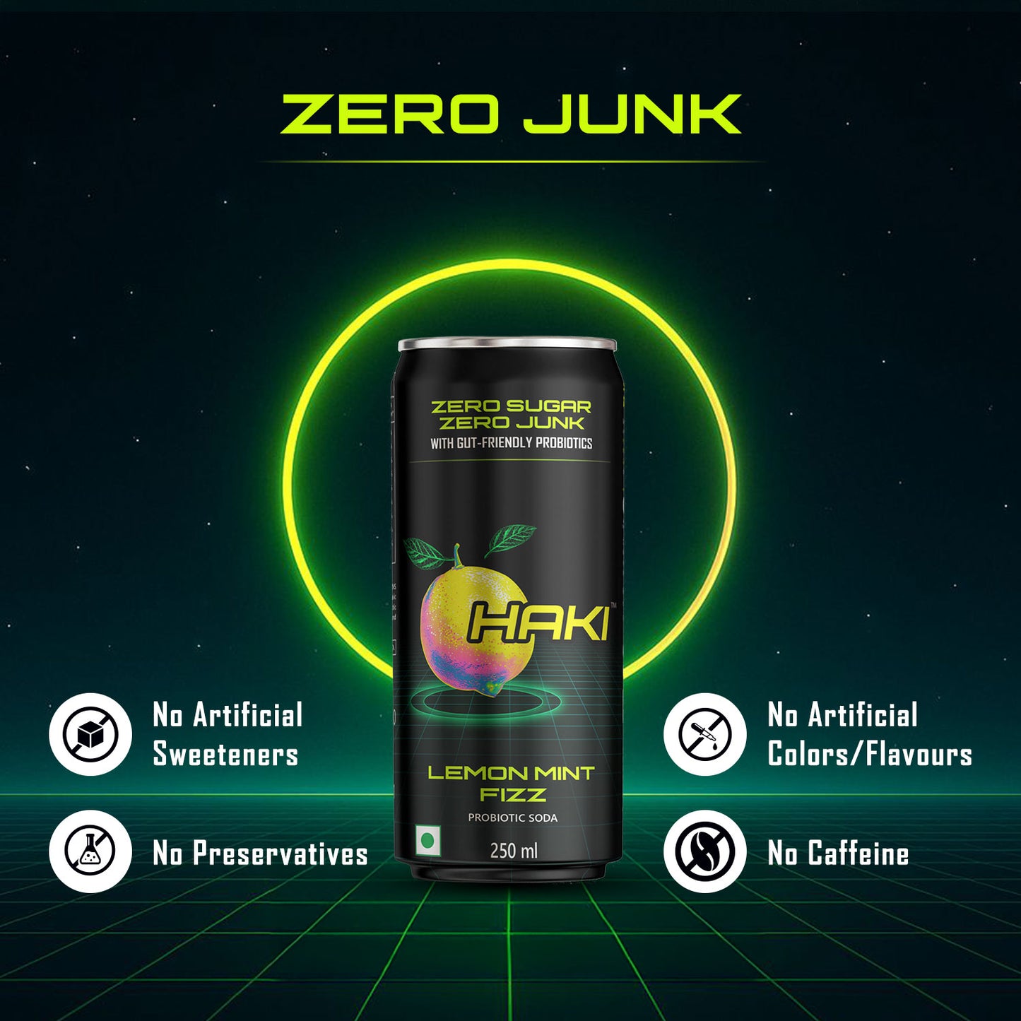 Haki Probiotic Soda, Zero Sugar, Zero Junk, Lemon Mint Fizz Cold Drink (250 ml) – Pack of 6 Cans
