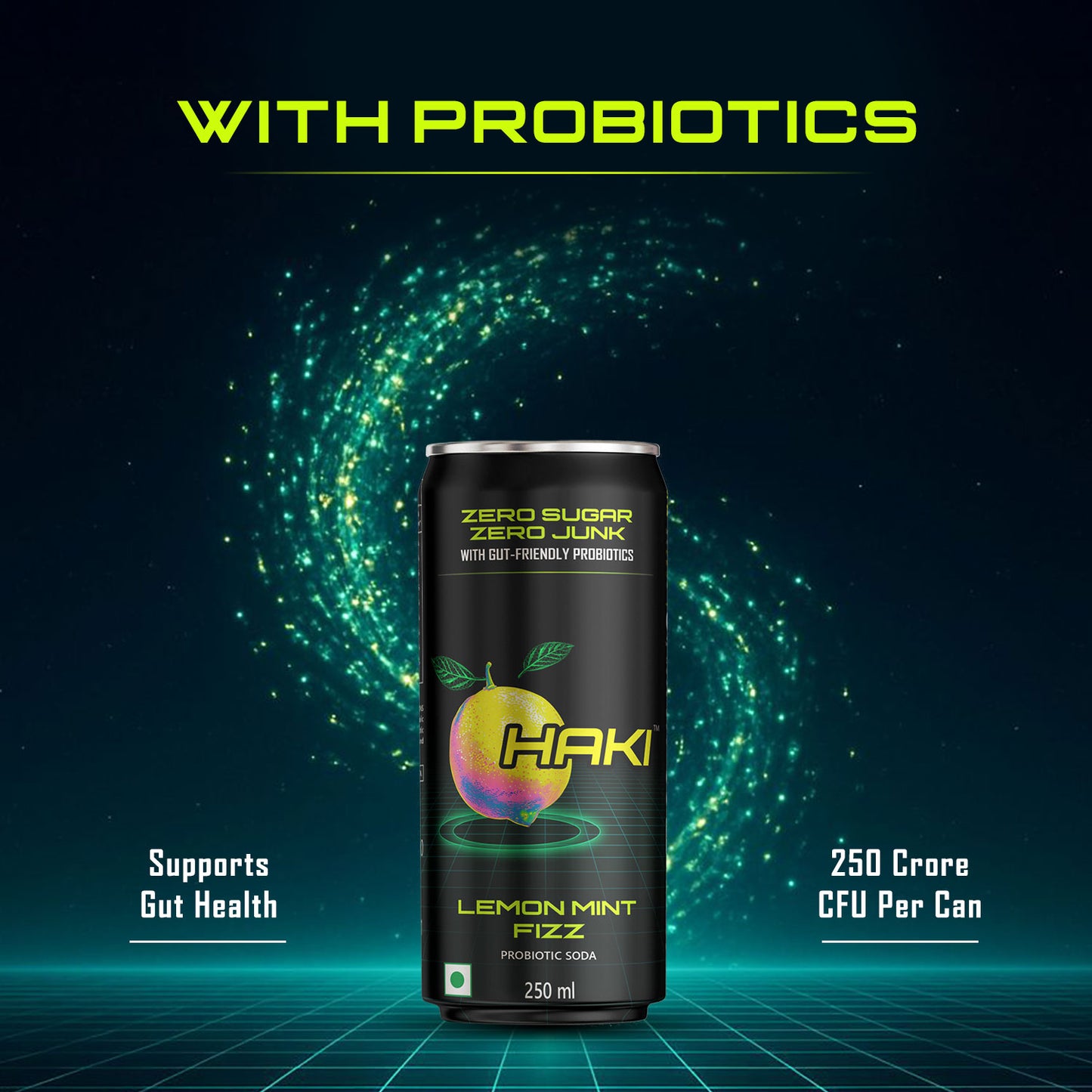 Haki Probiotic Soda, Zero Sugar, Zero Junk, Lemon Mint Fizz Cold Drink (250 ml) – Pack of 6 Cans