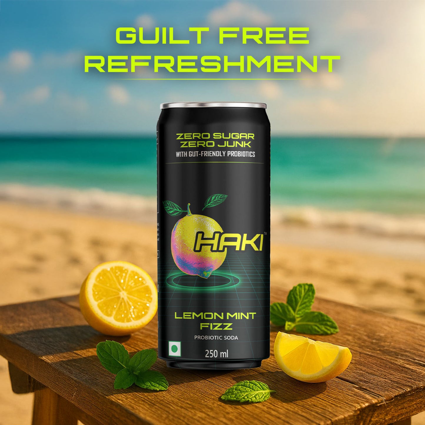 Haki Probiotic Soda, Zero Sugar, Zero Junk, Lemon Mint Fizz Cold Drink (250 ml) – Pack of 6 Cans