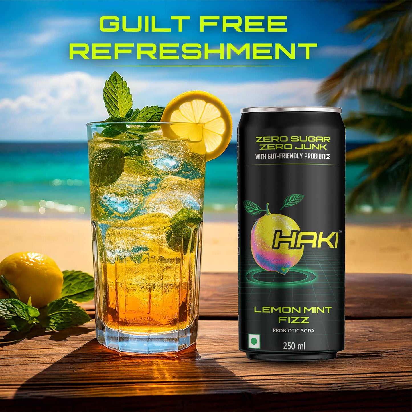 Haki Probiotic Soda, Zero Sugar, Zero Junk, Lemon Mint Fizz Cold Drink (250 ml) – Pack of 6 Cans