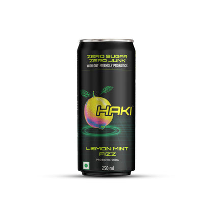 Haki Probiotic Soda, Zero Sugar, Zero Junk, Lemon Mint Fizz Cold Drink (250 ml) – Pack of 6 Cans
